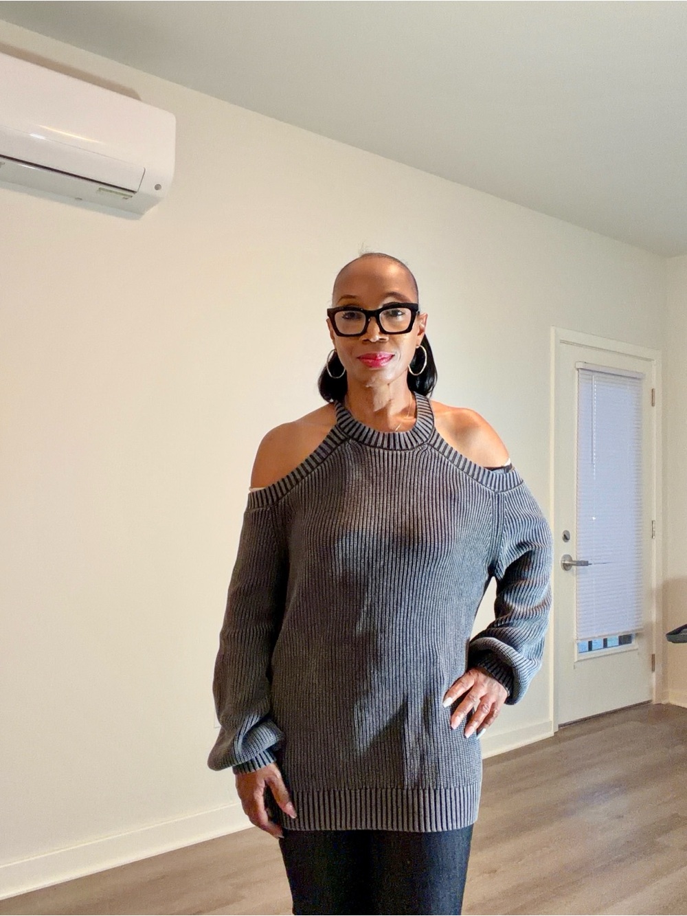 Cold-Shoulder Ribbed Knit Sweater - Gray